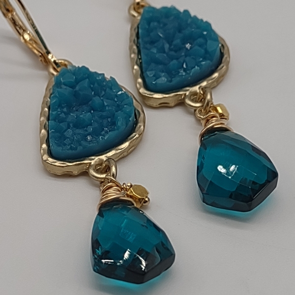 Sterling Silver Vermeil Teal Quartz Drop Earrings - Picture 5 of 10